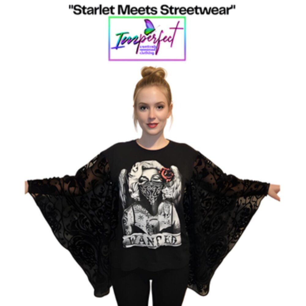 Upcycled Marilyn Monroe shirt w/ velvet mesh sleeves